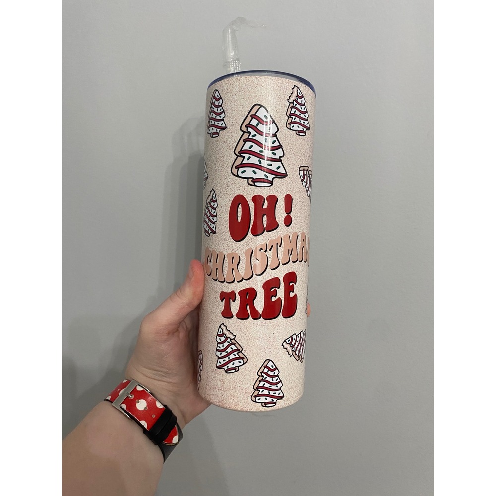 Christmas Snack Cake Tree Tumbler Unisex 20oz Cream Red Oh Christmas Tree Retro